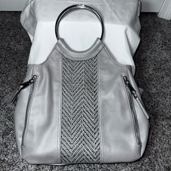 Gray Ring Handle Woven Panel Tote Handbag Faux Leather Modern Minimalist - Picture 12 of 13